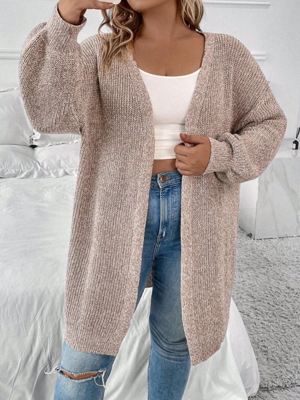 Khaki Women's Casual Plus Size Versatile Knitted V-Neck Cardigan - Picture 6 of 6